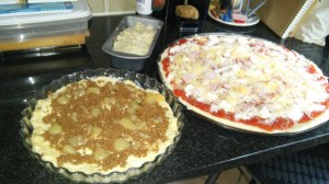 A large pizza, loaf of bread and coffee cake, all from a single batch of dough